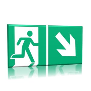 ZNAK 15 X 30 PŁYTA WYJŚCIE EWAKUACYJNE ZE STRZAŁKĄ W PRAWO W DÓŁ E02 D-PD