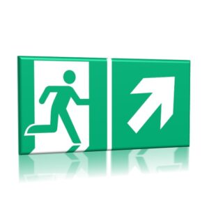 ZNAK 15 X 30 PŁYTA WYJŚCIE EWAKUACYJNE ZE STRZAŁKĄ W PRAWO W GÓRĘ E02 D-PG