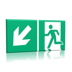 ZNAK 15 X 30 PŁYTA WYJŚCIE EWAKUACYJNE ZE STRZAŁKĄ W LEWO W DÓŁ E01 D-LD