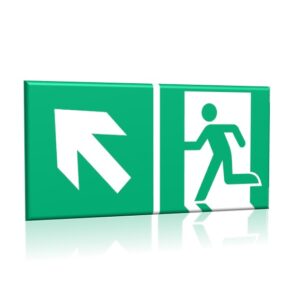 ZNAK 15 X 30 PŁYTA WYJŚCIE EWAKUACYJNE ZE STRZAŁKĄ W LEWO W GÓRĘ E01 D-LG